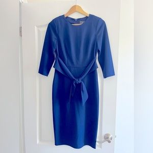 Blue 3/4 Sleeve Tie Waist Sheath Dress
